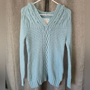 Old Navy Y2k Light Blue Hooded Cable Knit Sweater Pullover V Neck Sz M Lambswool